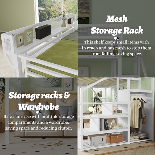 Full Size Loft Bed with Desk and Stairs, Heavy-Duty Steel Loft Bed Frame with Wardrobe & LED Light
