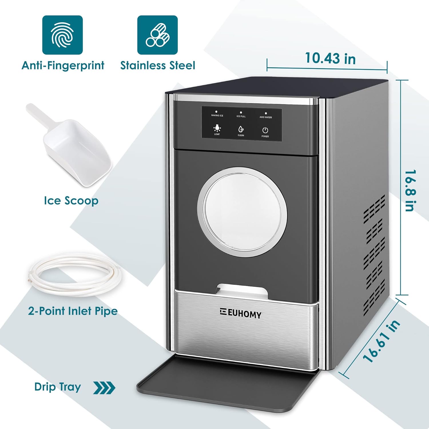 EUHOMY Nugget Ice Maker Countertop, Max 33lbs/24H, 2 Ways Water Refill, LED Light, Self-Cleaning Pebble Ice Maker with Basket and Scoop