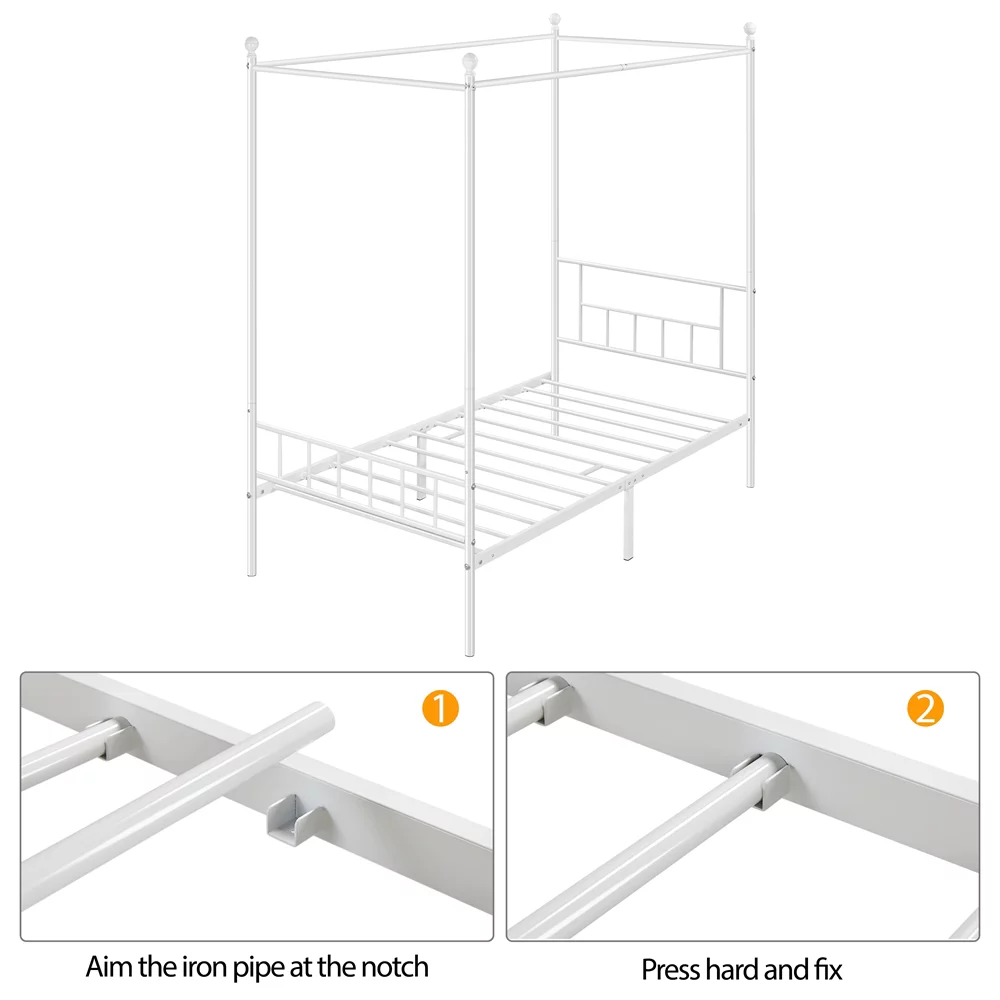 Easyfashion Juno Metal Canopy Bed Frame Four Poster Bed with Headboard and Footboard, White, Twin