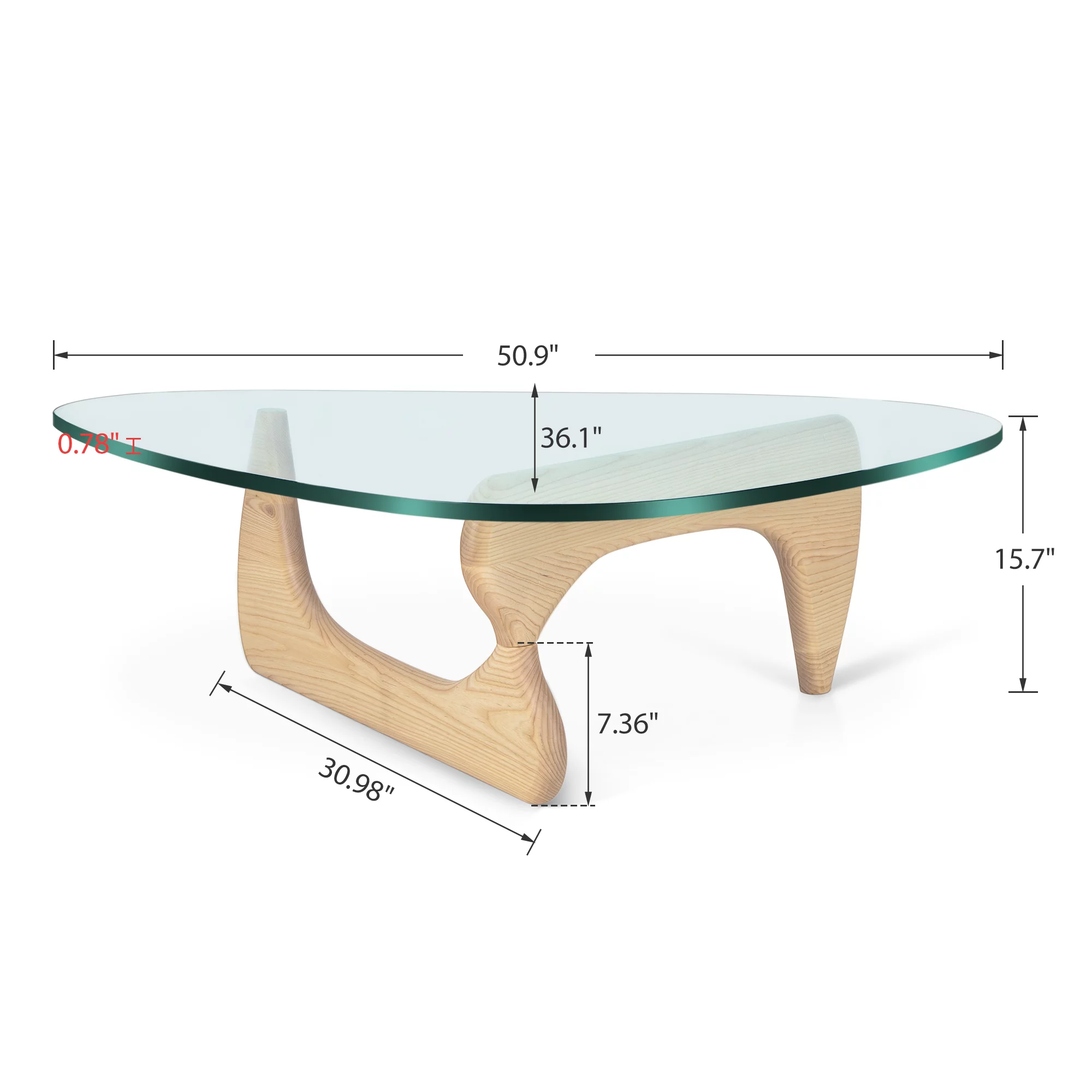 Mid Century End Table Triangle Tempered Glass Coffee Table Solid Wooden Base for Living Room Patio,Nature Wood Color - Radiant Selections