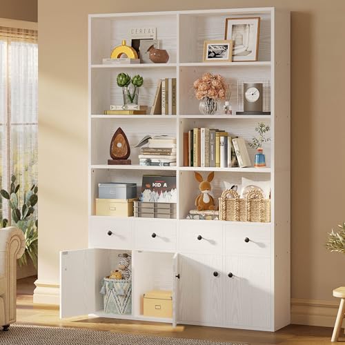 IRONCK 78.7" Bookcase with 4 Drawers and 4 Doors, 6 Tier Large Bookshelf with Storage, Floor Standing Display Storage Shelves