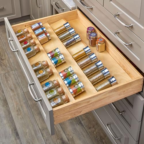 Rev-A-Shelf 3 Tiered Seasoning Organizer for Wooden Kitchen Drawers, Pull Out Spice Rack, 19.75 x 33.15 x 1.74 In, Maple, 4SDI-36-1