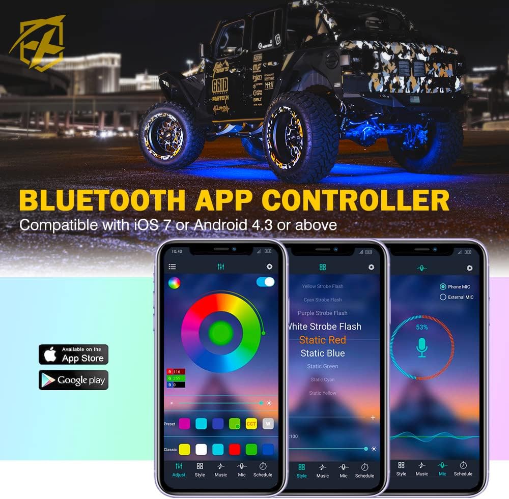 Xprite RGBW LED Rock Lights Kit w/Bluetooth & Wireless Remote Controller, Multicolor Cars Underglow, Whee Well, Footwell Neon Light Kits