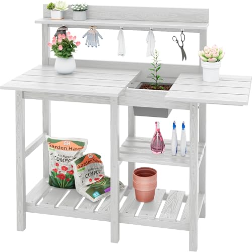 SERWALL Potting Bench Outdoor Potting Table with Sink, HDPE Potting Benches for Outside Gardening Table All Weather Use- Black
