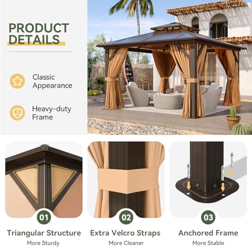 Aoxun 12'x10' Hardtop Gazebo, Aluminum Frame Permanent Pavilion with Curtains and Netting, Outdoor Polycarbonate Double Roof Canopy