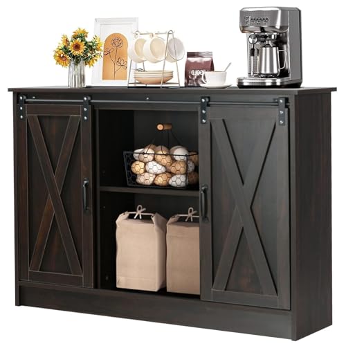 4 EVER WINNER Coffee Bar Cabinet with Sliding Barn Doors, 42” Sideboard Buffet Cabinet with Storage
