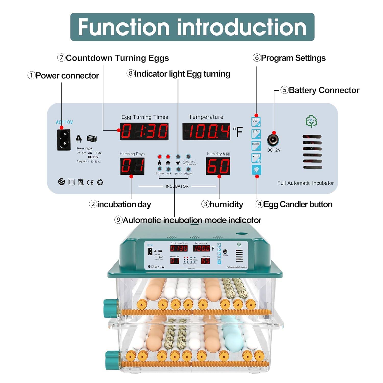 Egg Incubator, Egg Incubator with Automatic Egg Turning and Humidity Monitoring, Incubator for Chicken Eggs, 120 Eggs Incubator with Egg Candler