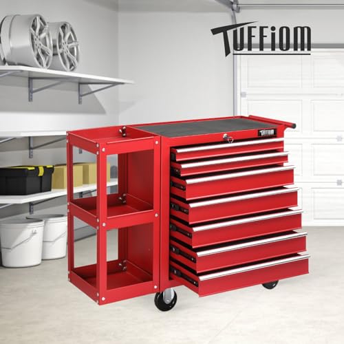 TUFFIOM 7-Drawer Rolling Tool Chest with Side Shelves, Tool Storage Side Cabinet w/Lockable Wheels, Top Cushion & Drawer Liners