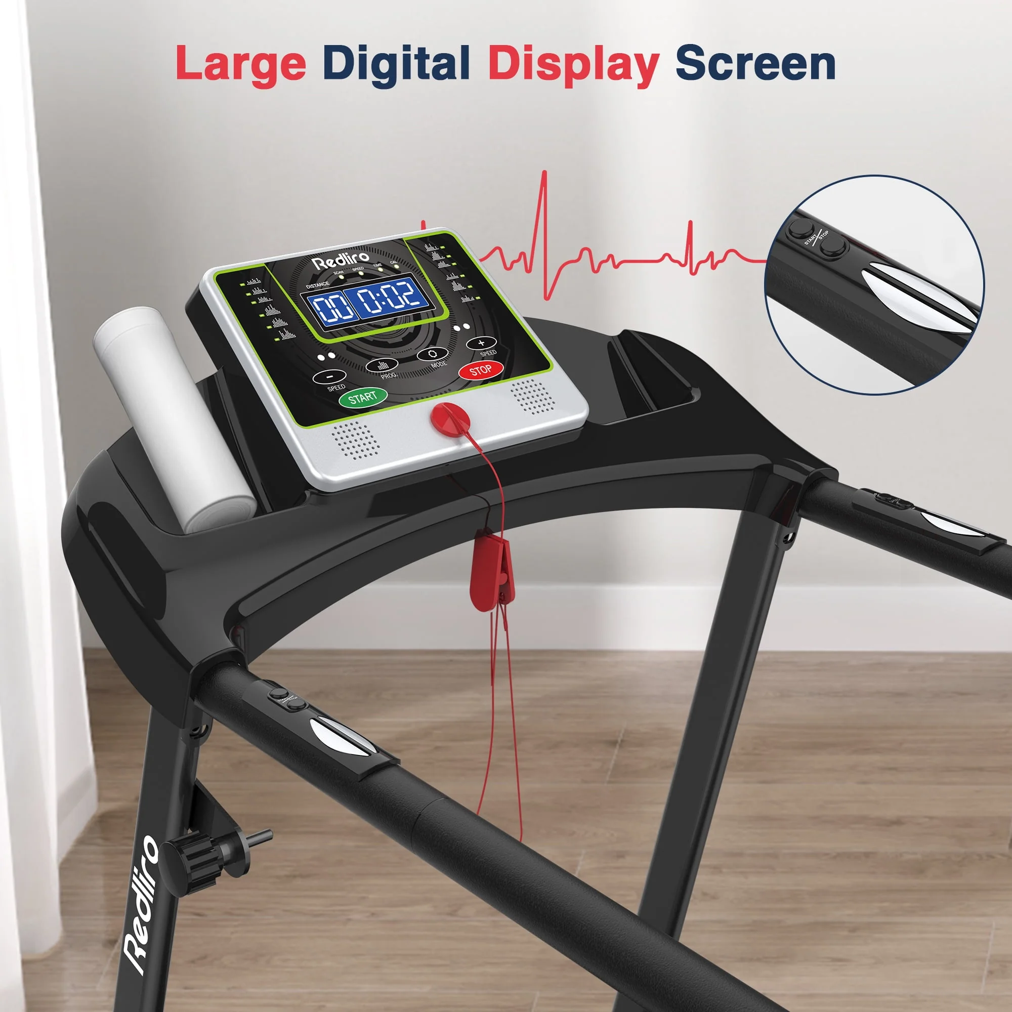 Redliro Folding Treadmill Walking Machine Heart Rate Sensor Handrails for Senior Recovery Home 2.25HP 300lbs