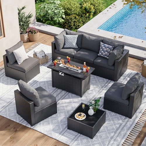 Aoxun 7 Piece Patio Furniture Set Wicker Rattan Patio Sectional Sofa Set Outdoor Seating Furniture with Thickened Cushion, Grey