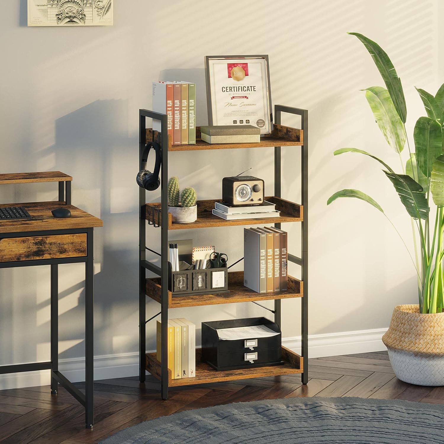 Rolanstar 5 Tier Bookshelf, Industrial Wood Bookcase with 4 Hooks, Vintage Storage Rack with Open Shelves