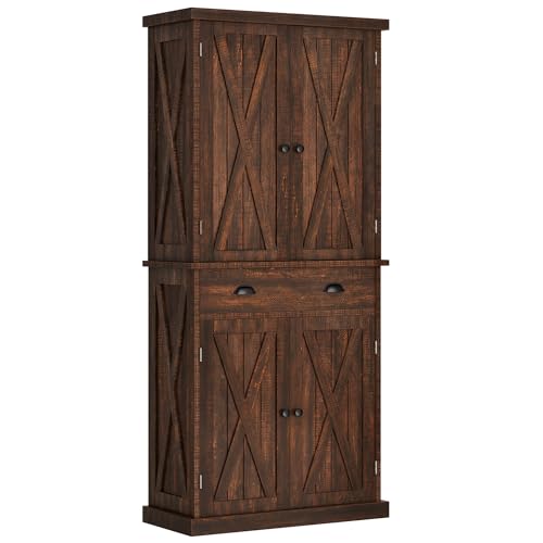 YITAHOME 72'' Tall Kitchen Pantry Cabinets, Farmhouse Storage Cabinets with Barn Doors, Drawer ＆ Adjustable Shelves