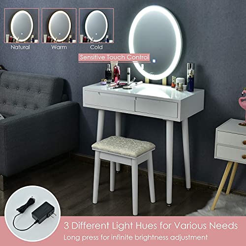LDAILY Vanity Table Set with 3-Color Lighted Dimming Mirror, Wooden Makeup Table with Cushioned Stool & 2 Sliding Drawer, Touch Screen