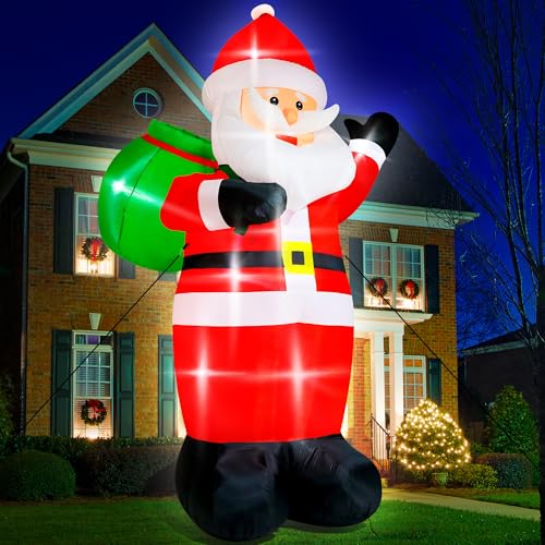 15FT Christmas Inflatables, Giant Inflatable Santa Claus Holding Gift Bags, Blow Up Christmas Santa Claus with 8pcs LED