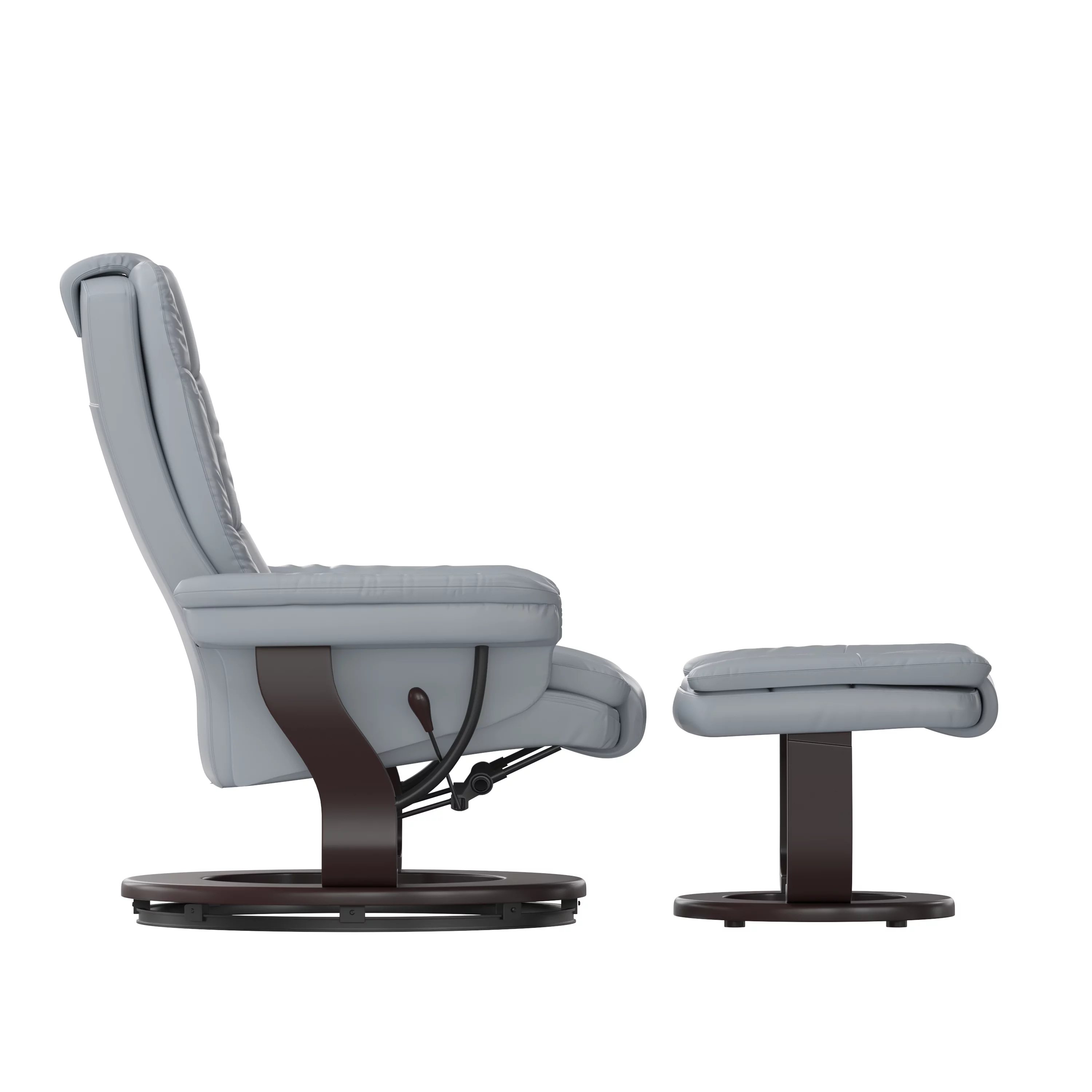 Emma + Oliver Contemporary Multi-Position Recliner with Horizontal Stitching and Ottoman with Swivel Mahogany Wood Base in Gray Faux Leather