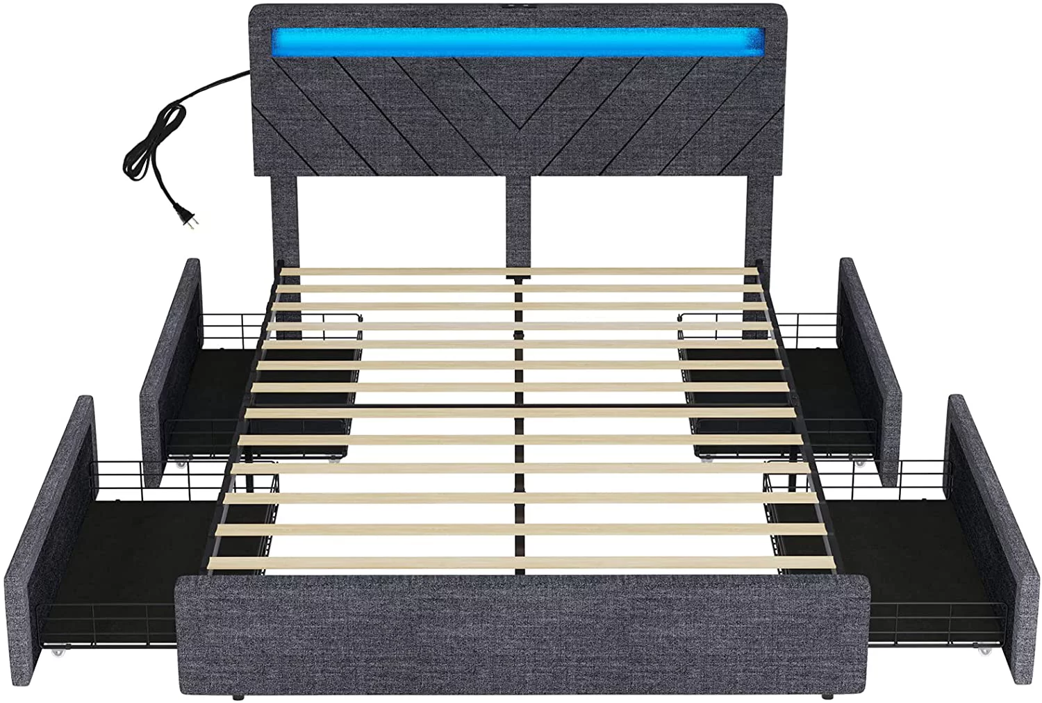 Queen Size Bed Frame with 4 Drawers, Upholstered Platform Bed with LED Lights Headboard and USB Charging Station, No Box Spring Needed, Dark Grey