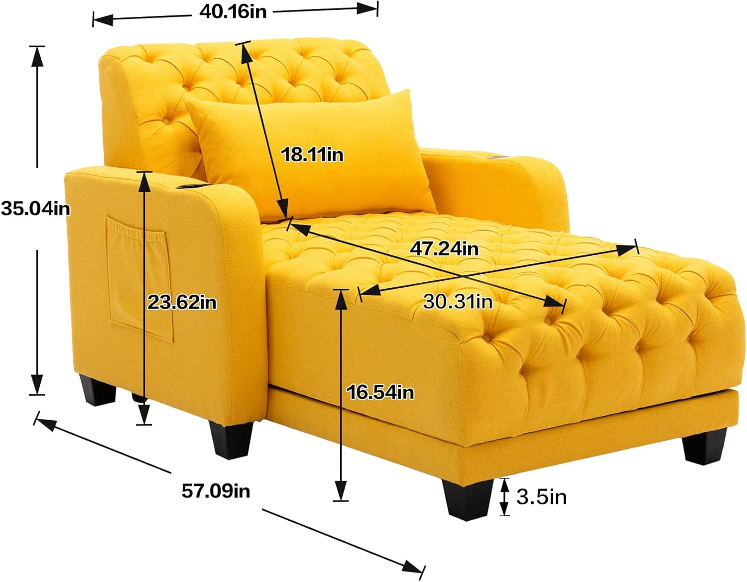 Casual Chaise Lounge Indoor, Button Tufted Upholstered Single Sofa Bed with Pillow, Adjustable Backrest Sleeper Couch Recliner Chair for Bedroom