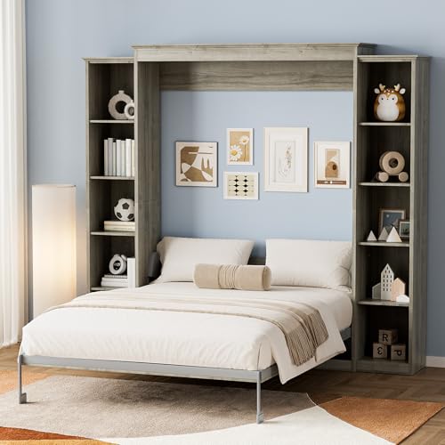 Queen Murphy Bed with Storage Bookcase & 4 Adjustable Shelves, Foldable Space-Saving Queen Wood Wall Bedframe with Metal Legs