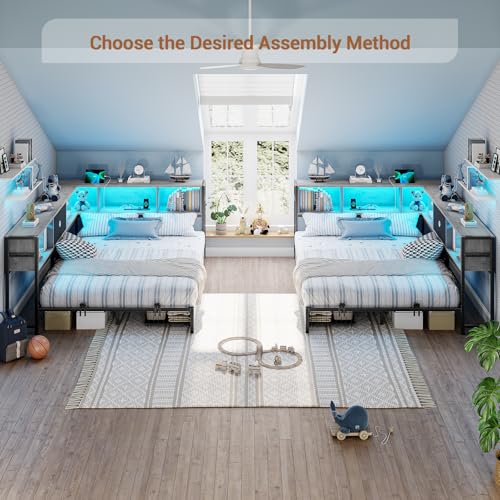 Hasuit Corner Bed Frame with Storage Bookcase, Twin Daybed with Storage Drawers Underneath, Kids Bed Unit with Charging Station and LED Light