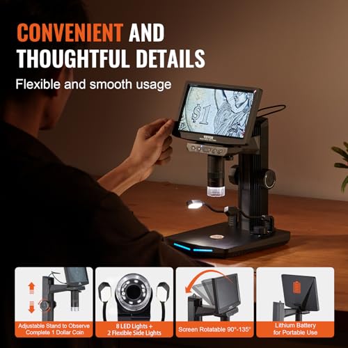 VEVOR 10.1" HDMI LCD Digital Microscope for Adults, Soldering Electron Microscope 1300X with IPS Screen, 8 LED Lights, 2 Flexible Side Lights