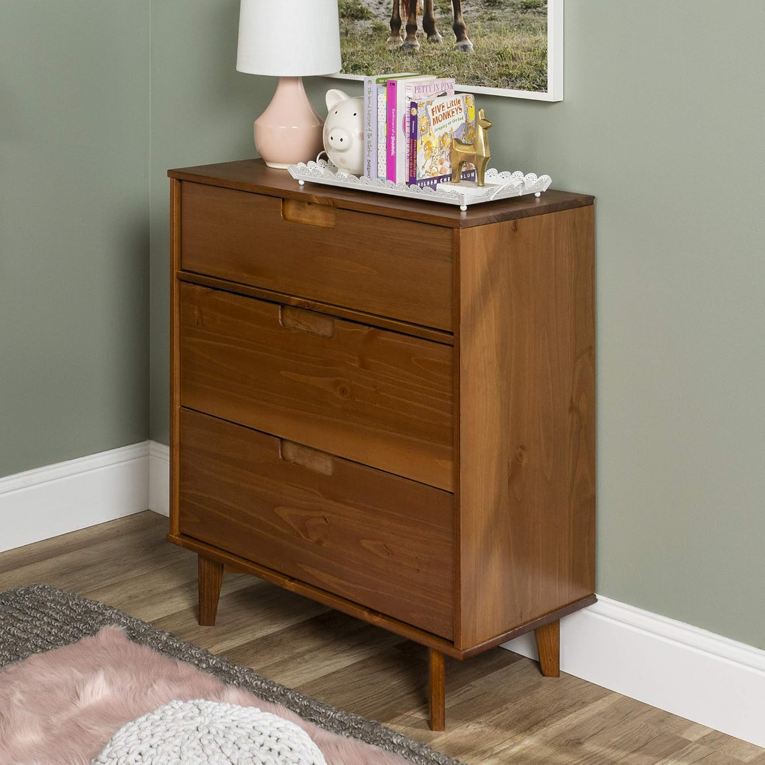 3 Drawer Mid Century Modern Wood Dresser - Caramel