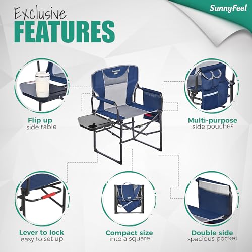 SUNNYFEEL Oversized Camping Directors Chair 2 Pack, Portable Folding Lawn Chairs for Adults Heavy Duty with Side Table,Pocket for Beach, Fishing