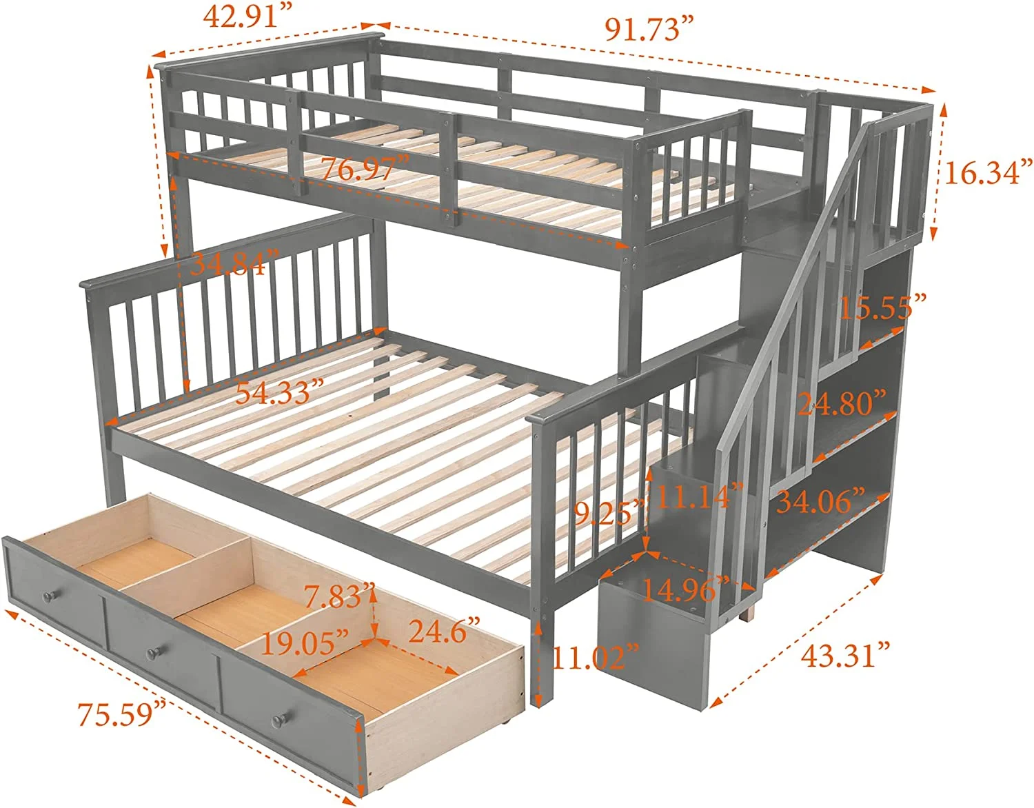 Over Full Bunk Bed With Stairs And Storage Drawers, Hardwood Stairway Bunk Bed Frame For Kids Teens Adults, Bedroom, Dorm - Gray