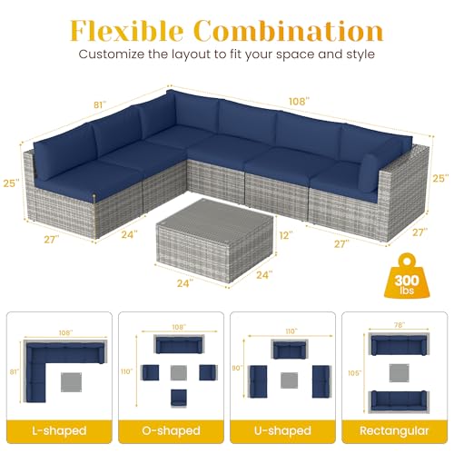 7 Pieces Outdoor Patio Furniture Sets with Glass Tea Table, PE Rattan Wicker Patio Conversation Set with Washable Cushions