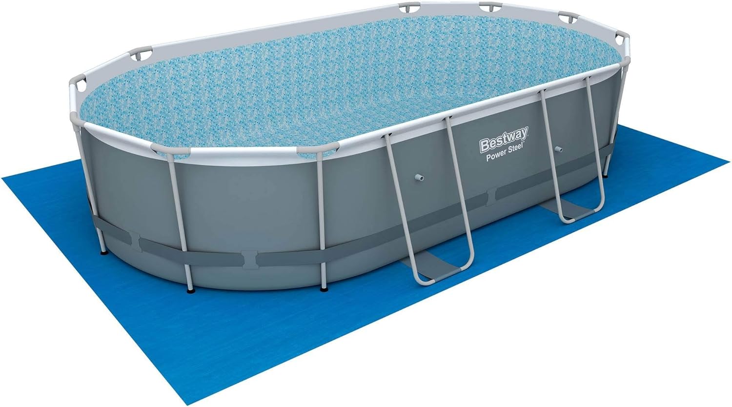 Bestway 56711E Power Steel 18' x 9' x 48 Outdoor Oval Frame Above Ground Swimming Pool Set with 1500 GPH Cartridge Filter Pump, Cover, & Ladder, Gray