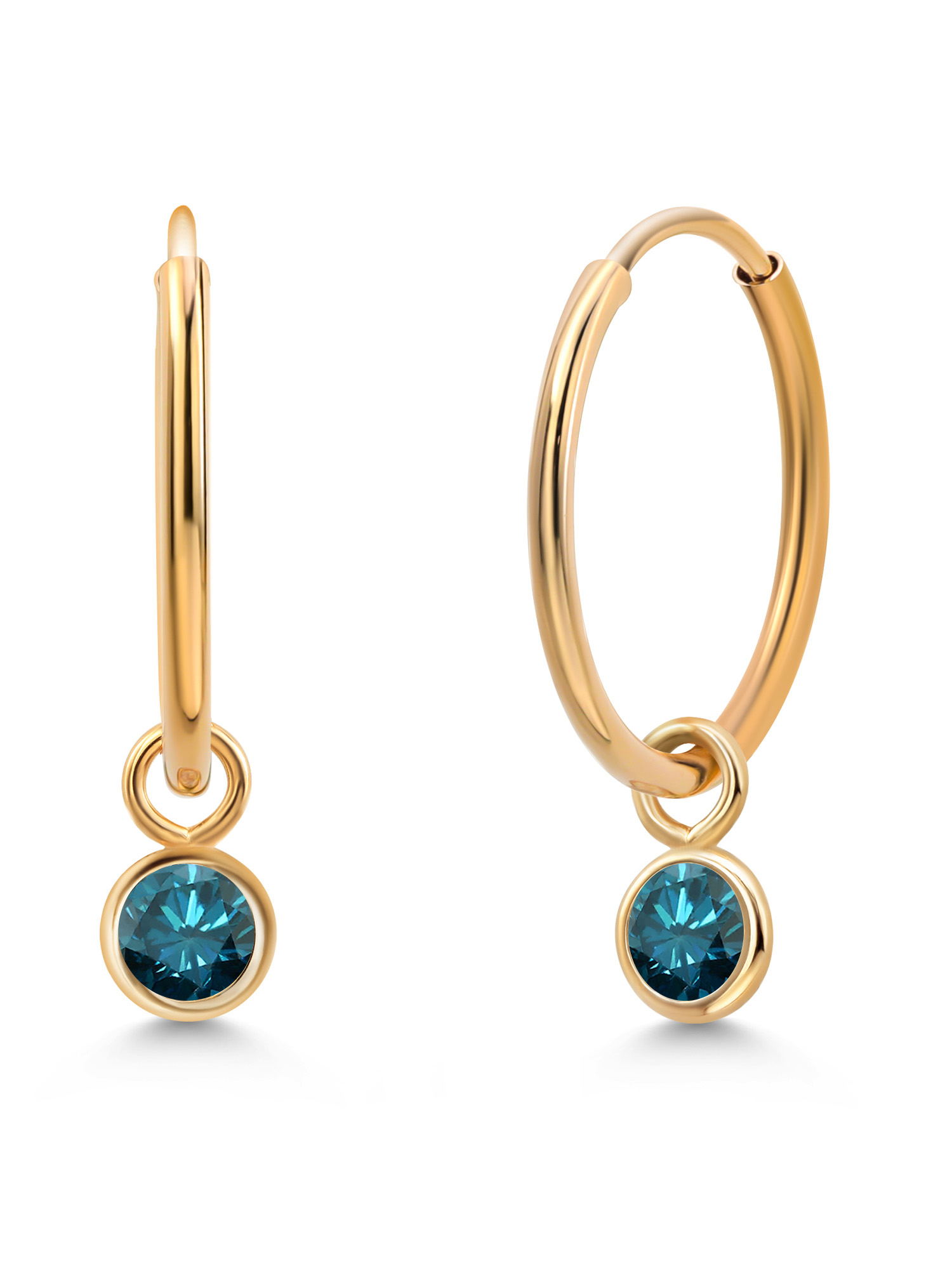 Gem Stone King 14K Yellow Gold Blue Diamond Snap Closure Continuous Endless Drop Dangle Hoop Earrings For Women (0.20 Cttw,  Round 3MM)