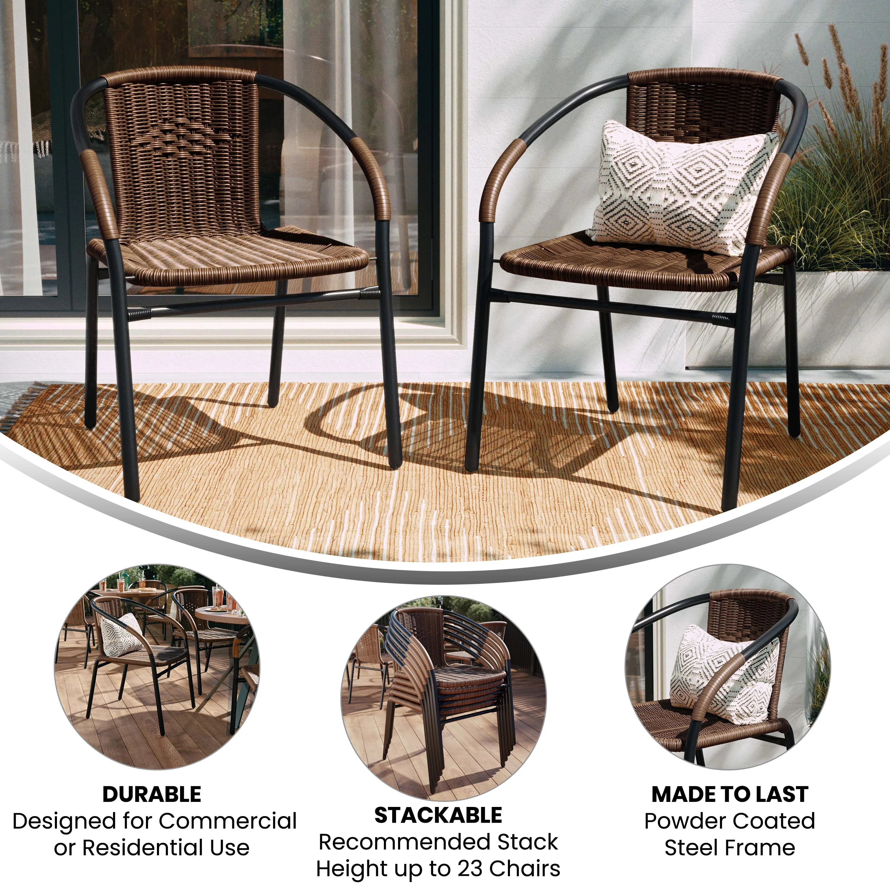 BizChair 2 Pack Medium Brown Rattan Indoor-Outdoor Restaurant Stack Chair