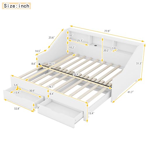 Merax Twin to King Daybed with Storage Bookcases and Two Drawers, Wood Bed Frame with Trundle and USB Charging Design for Bedroom, Guest Room