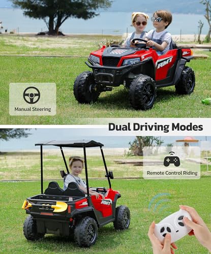 ELEMARA 24V Ride on Toy for Big Kid,Ride on Car 2 Seater w/Sun Shade,Dump Bed & Shovel,4.5MPH,4WD Electric Car for Kids,Battery Car w/Remote