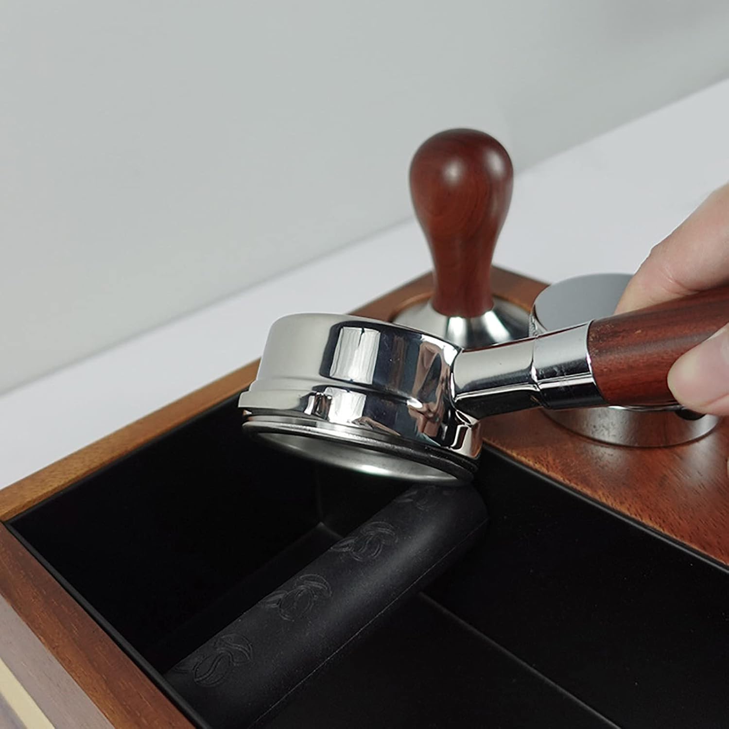 Wooden Espresso Knock Box, 4 in One 58mm Tamper Holder with Card Slot Design & Removable Grounds Box, Make Your Desktop Neat & Consistent, for Tamper