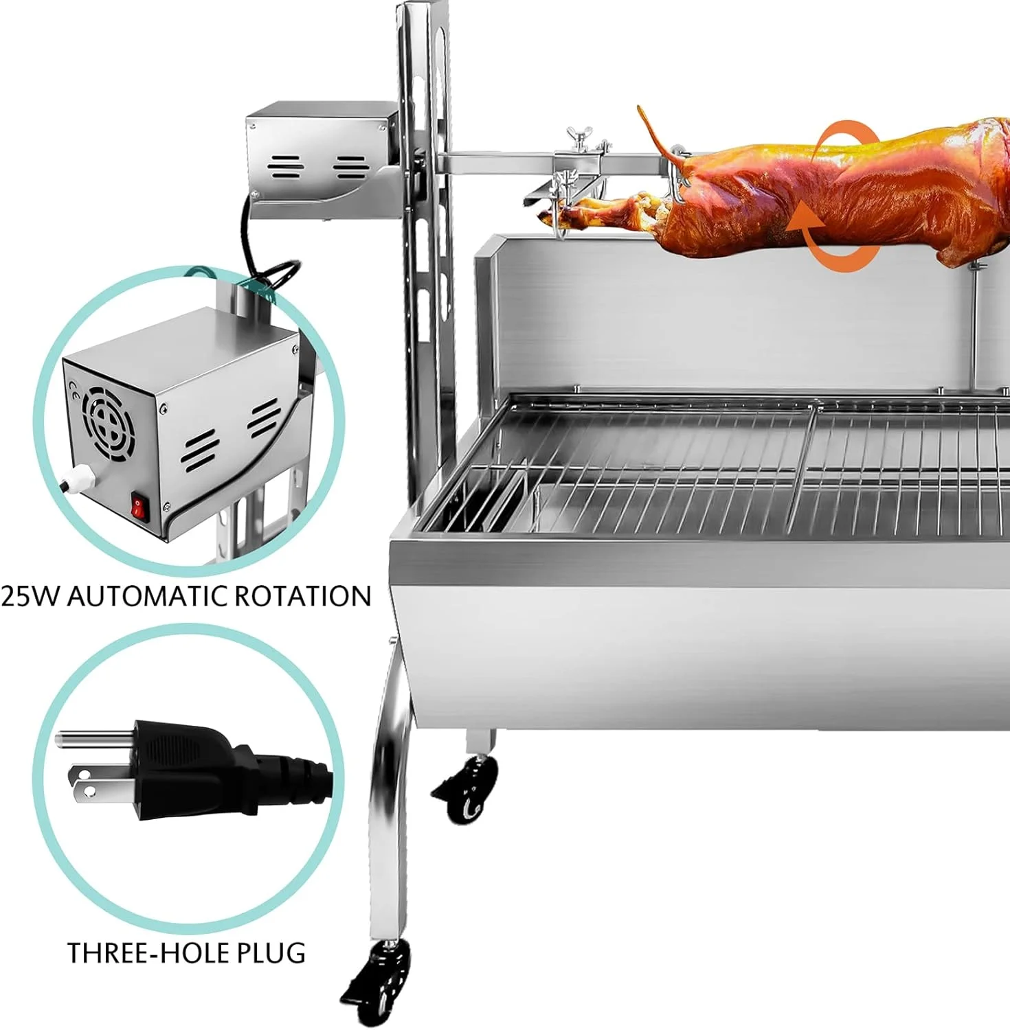 176LBS Stainless Steel Rotisserie Grill with Back Cover Guard, 25W Motor Small Pig Lamb Rotisserie Roaster