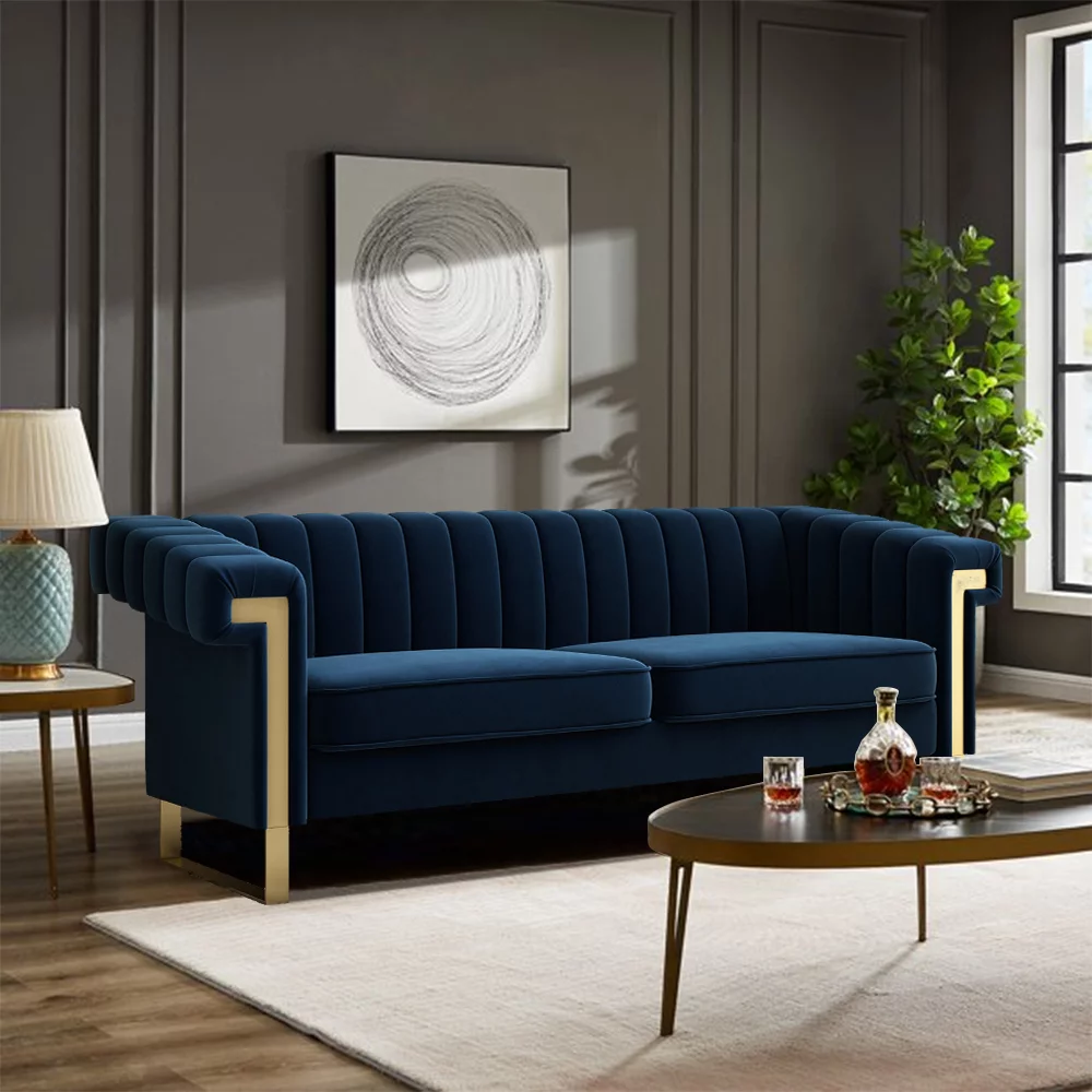 Velvet Sofa Couch, Modern Upholstered Sofa Couch, 84"L 3 Seater Sofa Couch, Mid-Century Velvet Sofa Couch for 3 with Tufted Back