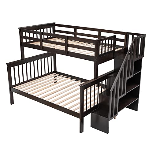 Ball & Cast Twin-Over-Twin Bunk Bed with Twin-Size Trundle and 3 Storage Stairs,Wood Bunkbed w/Full-Length Guardrails,Slat Support