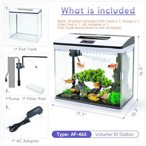 10 Gallon Glass Aquarium Fish Tank Starter Kit with Temperature and Time Display for Betta Fish Featuring Crystal Clear 360° Viewing