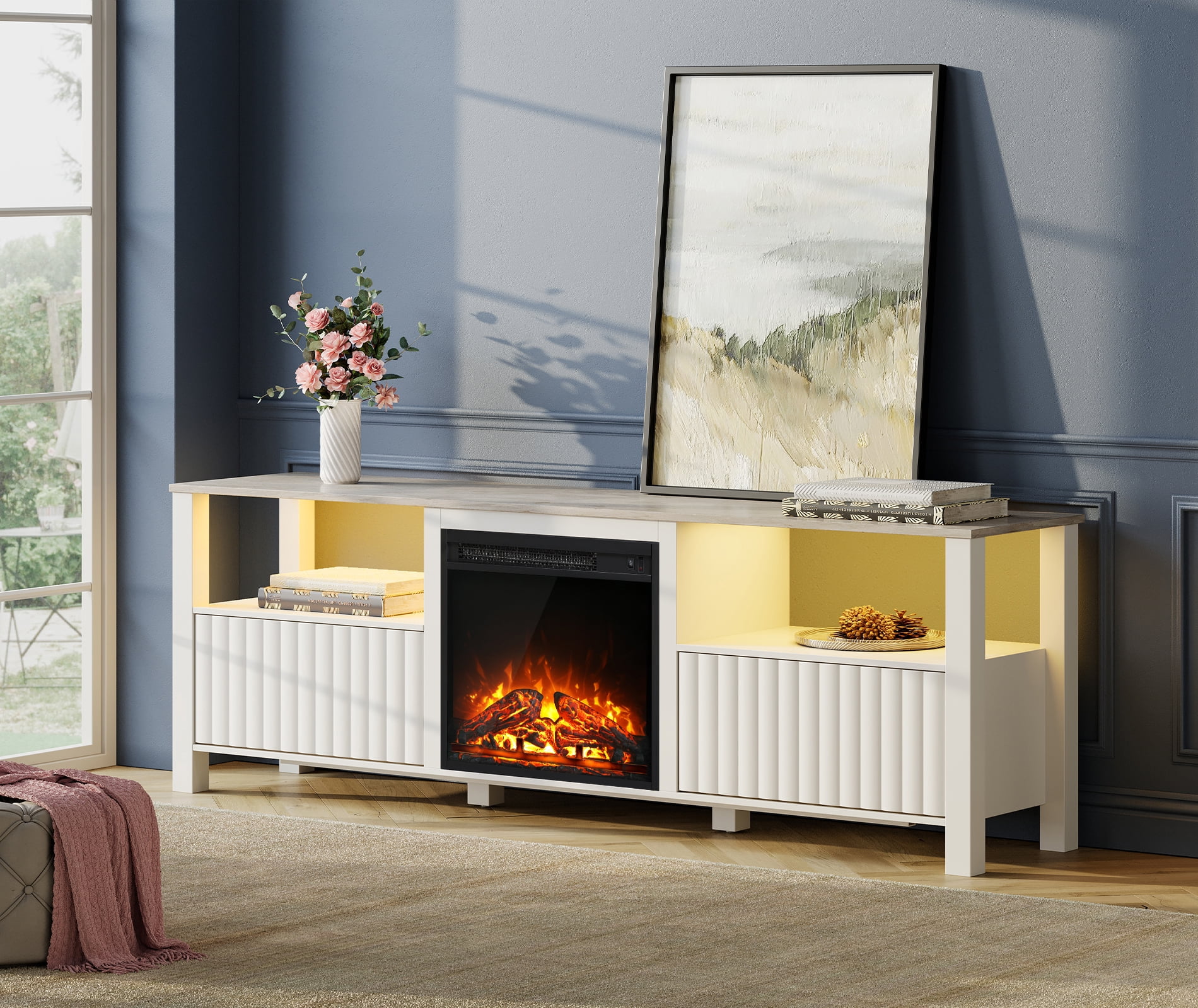 Fireplace TV Stand for TV's up to 75 Inch, LED Entertainment Center for 75 inch TV with Electric Fireplace for Living Room Bedroom, 70 inch, White