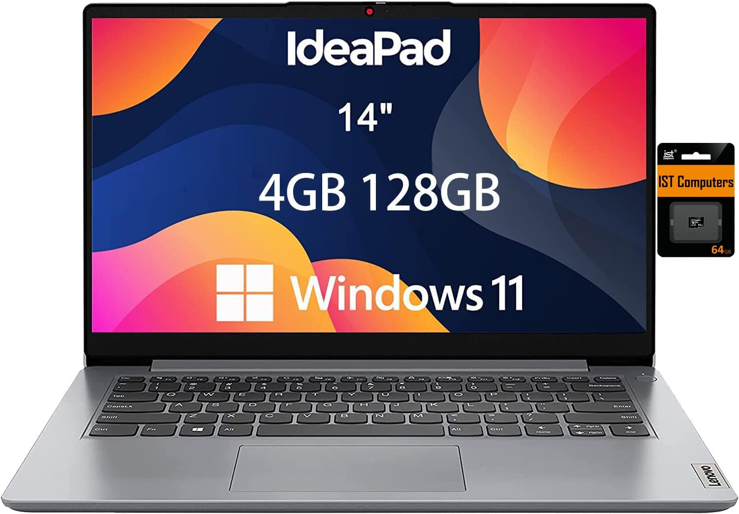 Lenovo Ideapad 1i Laptop (14" HD Anti-glare, Intel Celeron N4020, 4GB RAM, 128GB Storage (64GB eMMC + 64GB SD Card)) School, Kids & Education Laptop
