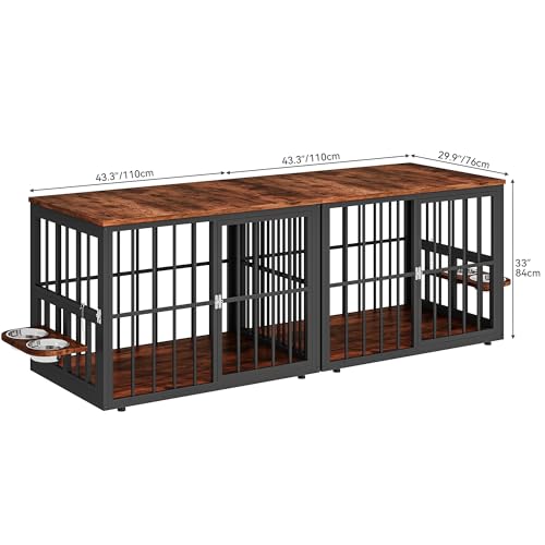 YITAHOME 88.6" Large Corner Dog Crate Furniture for 2 Dogs, Large Wooden Dog Kennel with Dog Bowls & 3 Doors