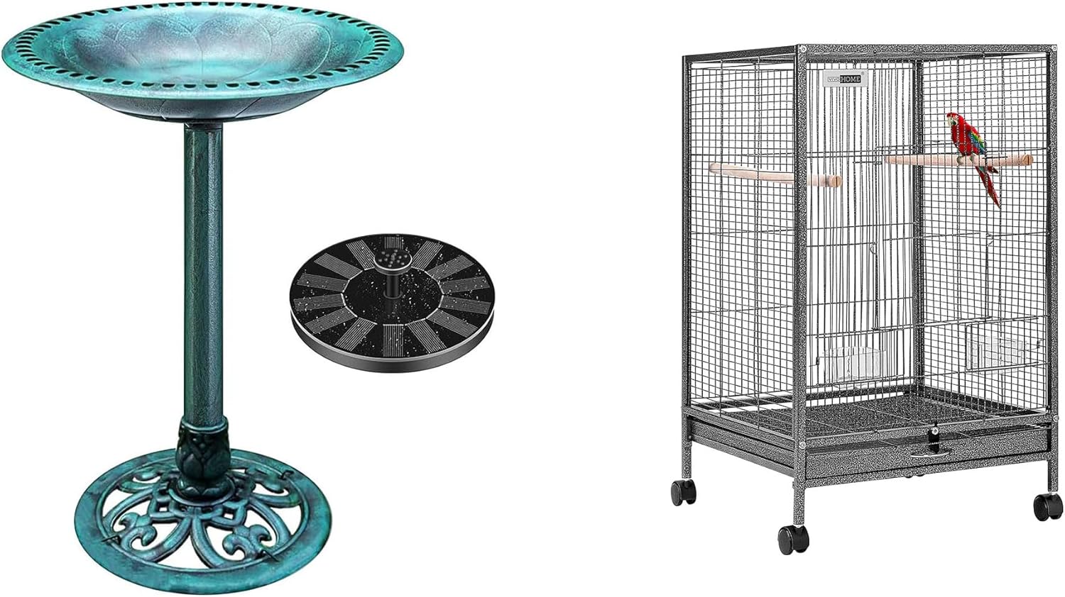 VIVOHOME Outdoor Green Garden Bird Bath and Solar Powered Round Pond Fountain & 30 Inch Height Wrought Iron Bird Cage with Rolling Stand