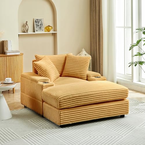 Oversized Corduroy Upholstered Chaise Longue Indoor,Comfy Thicked Padded Lounge Chair with Movable Ottoman,Soild Wood Sleeper Reclining Chair