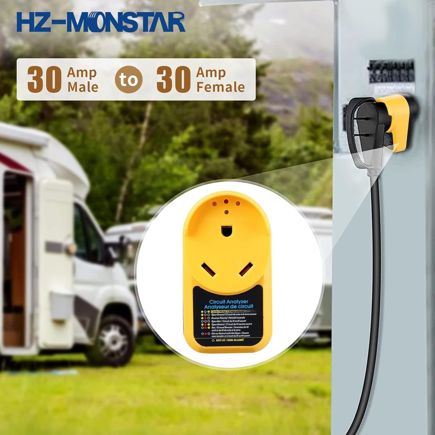 RV Surge Protector 30 Amp Adapter with LED Indicator Light, Circuit Analyzer Portable for RV Trailer Camper
