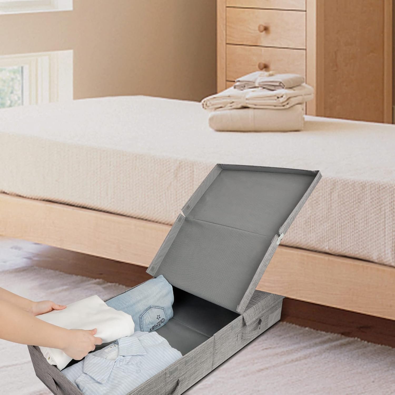 Hltser HCOCM   Underbed Storage Container Bins with Lids  Under Bed Storage Organizer with Sturdy Handles Sidewalls Bottom  Foldable Clothes Bag ()