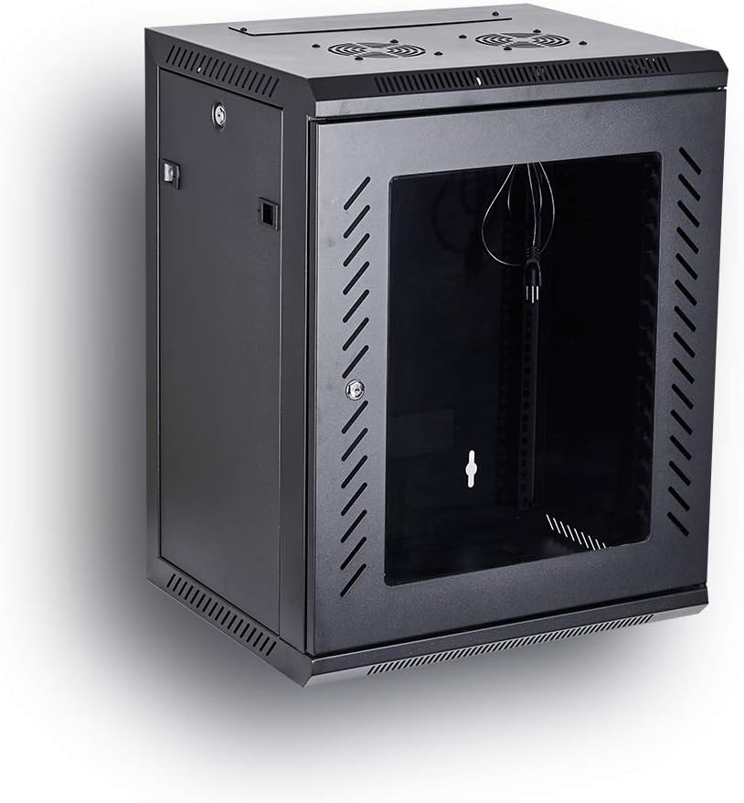 Kenuco Wall Mount Rack Server Cabinet Data Network Enclosure 19-Inch Server Network Rack with Locking Glass Door 16-Inches Deep (BLACK 06U)