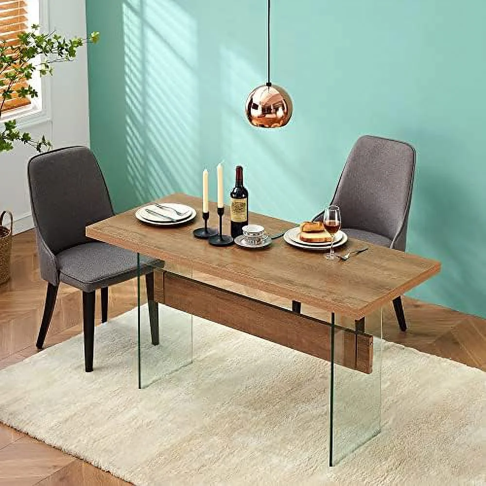 TJUNBOLIFE Modern White Dining Table  High Glossy Dining Room Table for 4/6  Glass Desk Table for Small Space  55 inches Rectangular Dinner Table for