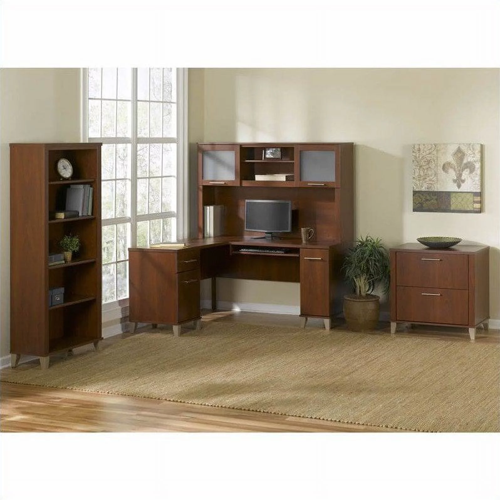 Bush Furniture Somerset 60" L-Shape Computer Desk with Hutch in Hansen Cherry