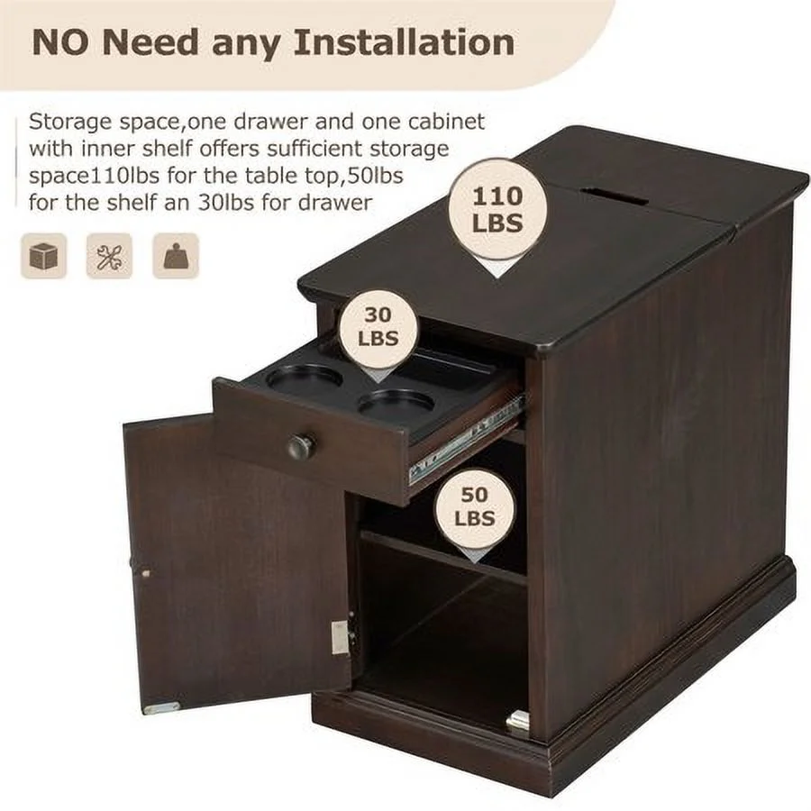 Churanty Vintage End Table with USB Ports Drawer and Cup Holders, Sofa Side Table Bedside Nightstand Narrow Table for Living Room Bedroom