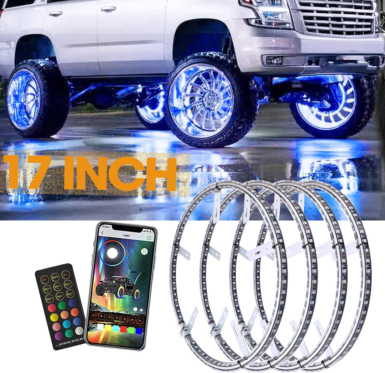 RGB Wheel Ring Lights 17'' Tire Lights Double Row Neon Rim Light with W/Turn Signal & Braking Function Can Controlled By Bluetooth Sync to Music